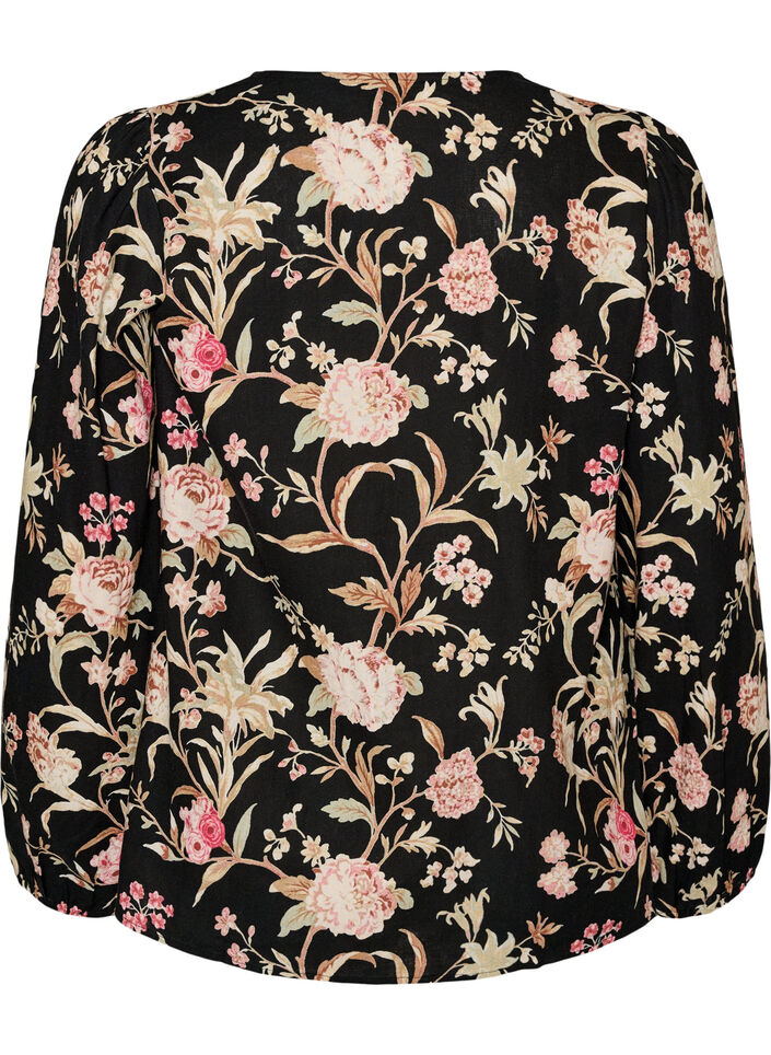 Gebloemde blouse van linnen en viscose met lange mouwen, Zwart, Packshot image number 1