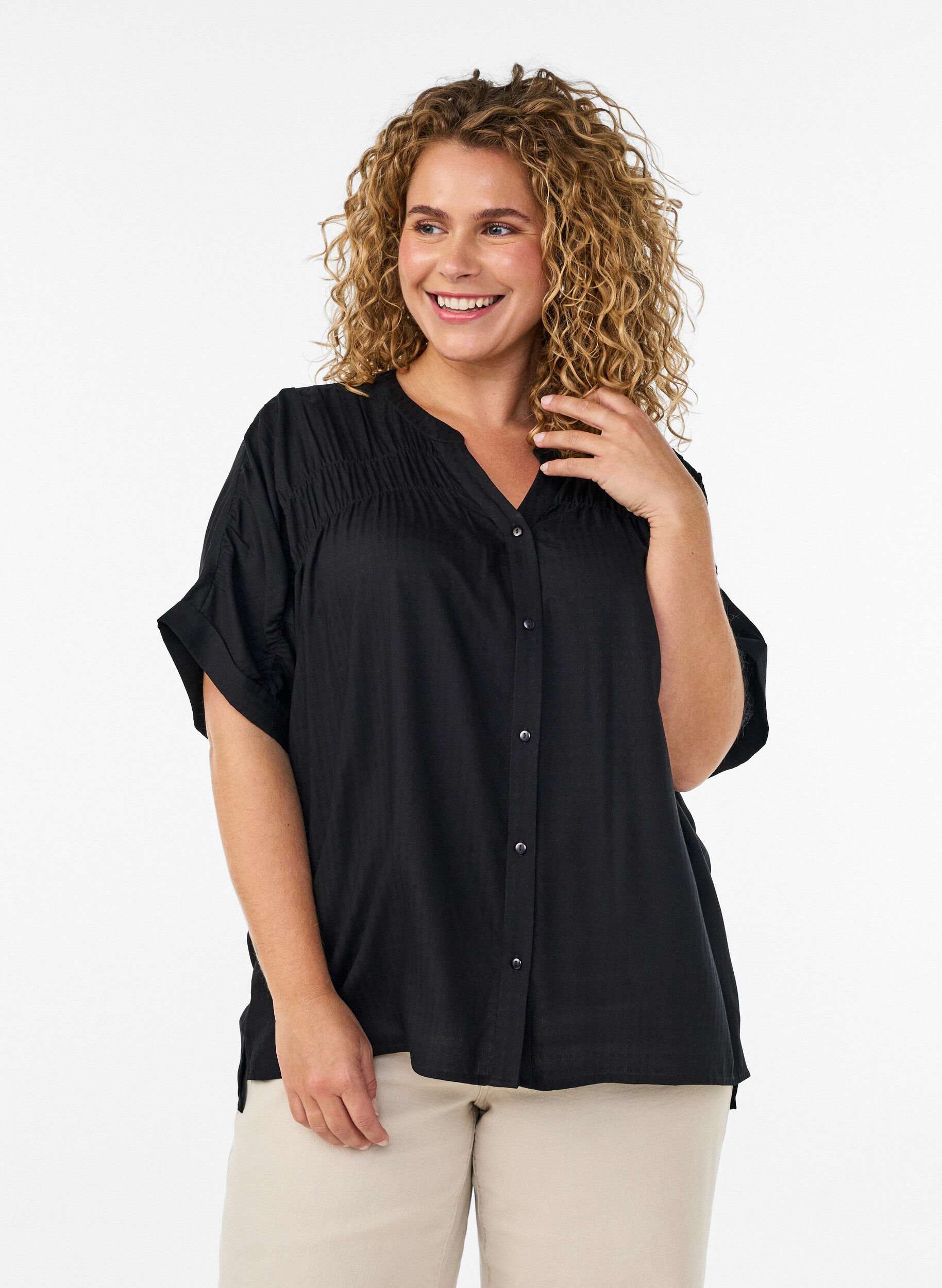 ZizziViscose blouse met korte mouwen en rimpeldetail, Zwart, Model image number 0