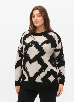 Blouse tricotée à motifs, Black Comb, Model image number 0