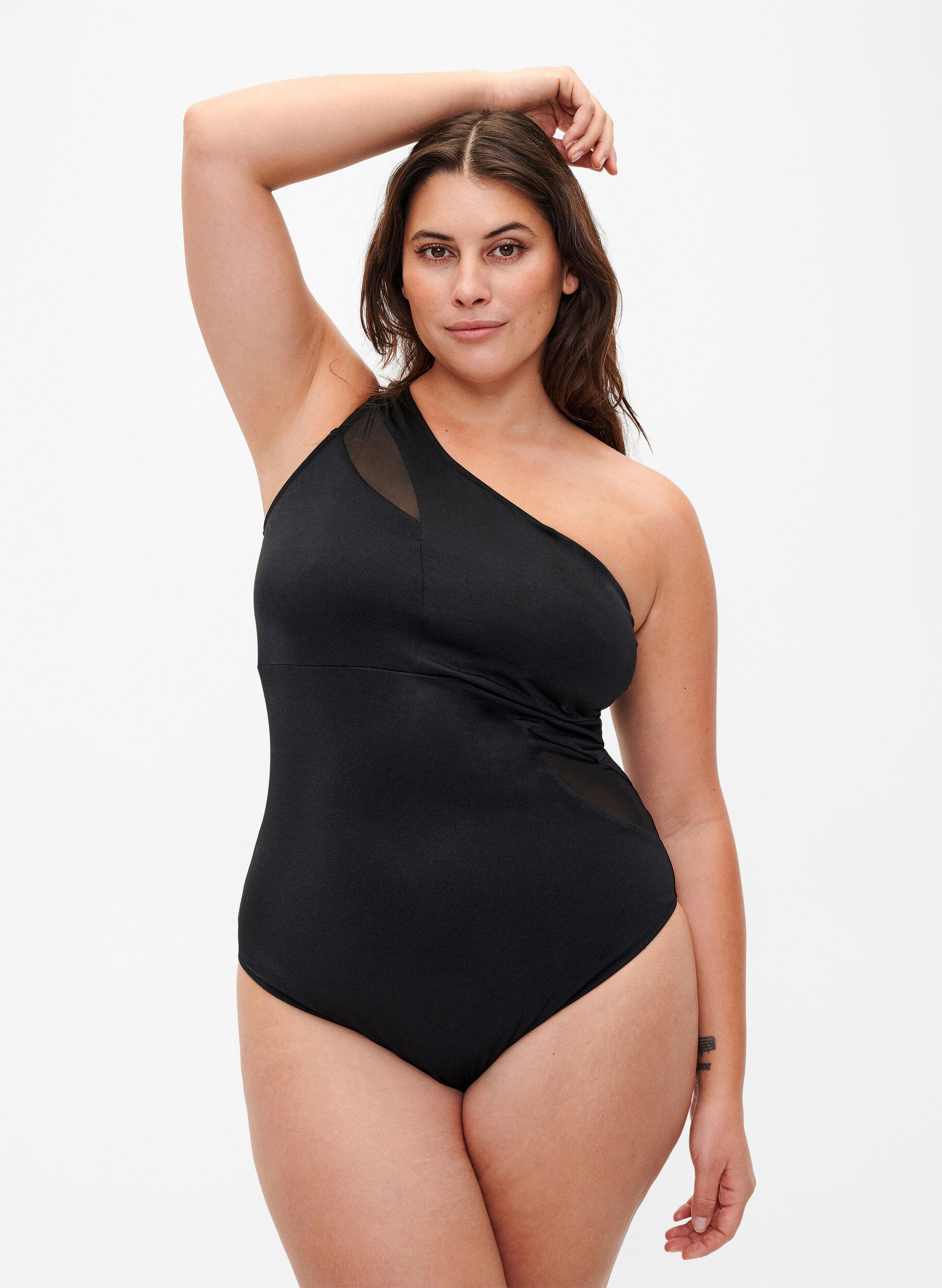 Zizzi Maillot de bain &agrave; une &eacute;paule avec d&eacute;tails en mesh, Black, Model image number 0