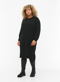Oversized gebreide jurk met split, Black, Model