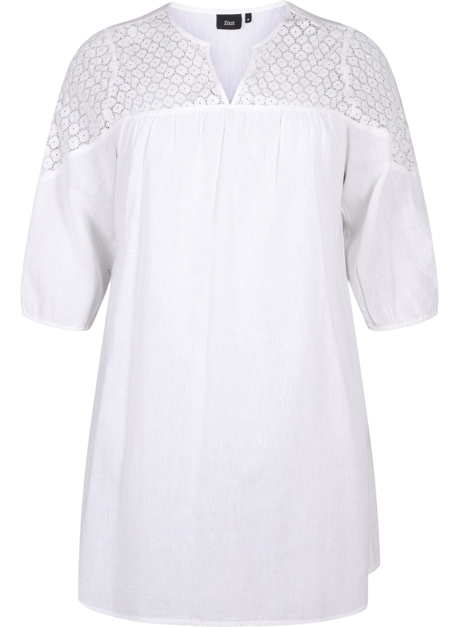 Zizzi Robe en m&eacute;lange de coton et de lin agr&eacute;ment&eacute;e de d&eacute;tails en crochet, Bright White, Packshot image number 0