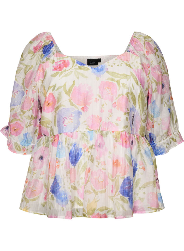 Lyocell blouse met bloemenprint en hartvormige halslijn, Wit, Packshot image number 0
