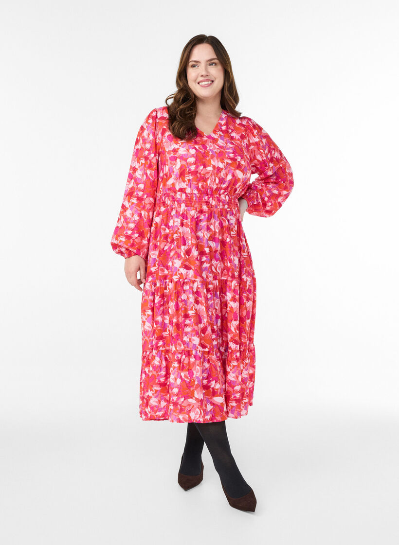 Robe midi à motif feuillage coloré, Rose, Model image number 0