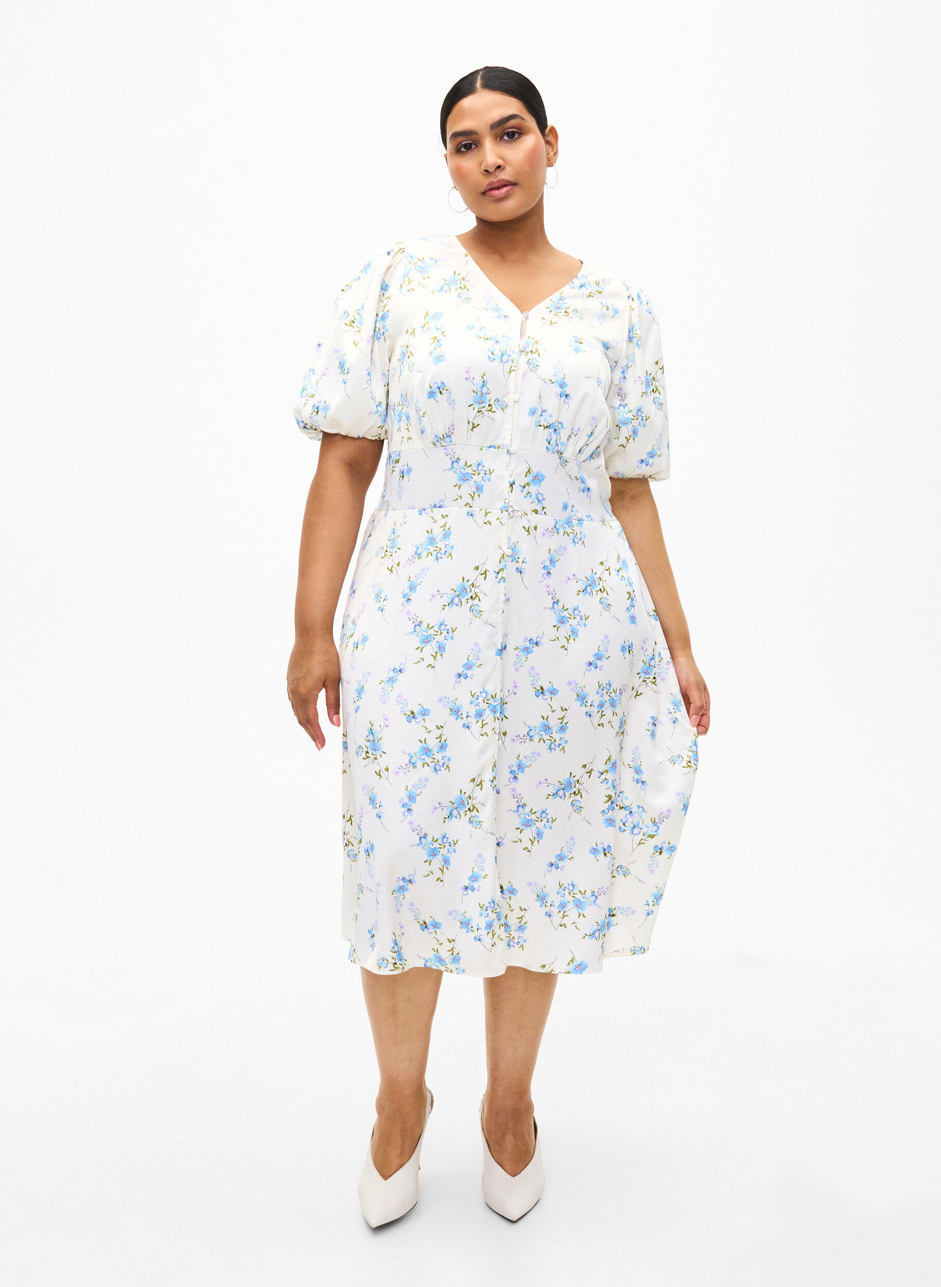 ZizziSatijnen jurk met pofmouwen en bloemenprint, Off White Blue Fl., Model image number 3