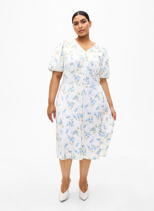 Satijnen jurk met pofmouwen en bloemenprint, Off White Blue Fl., Model image number 3