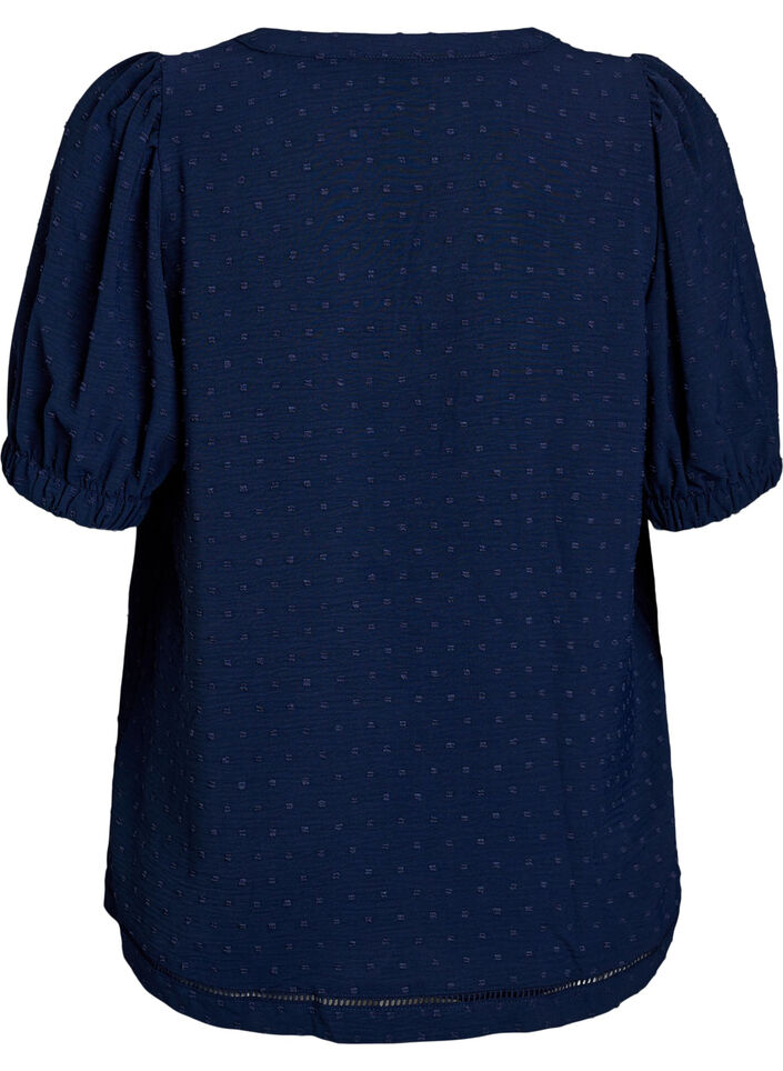 Blouse met korte pofmouwen en gestippelde textuur, Navy Blazer, Packshot image number 1