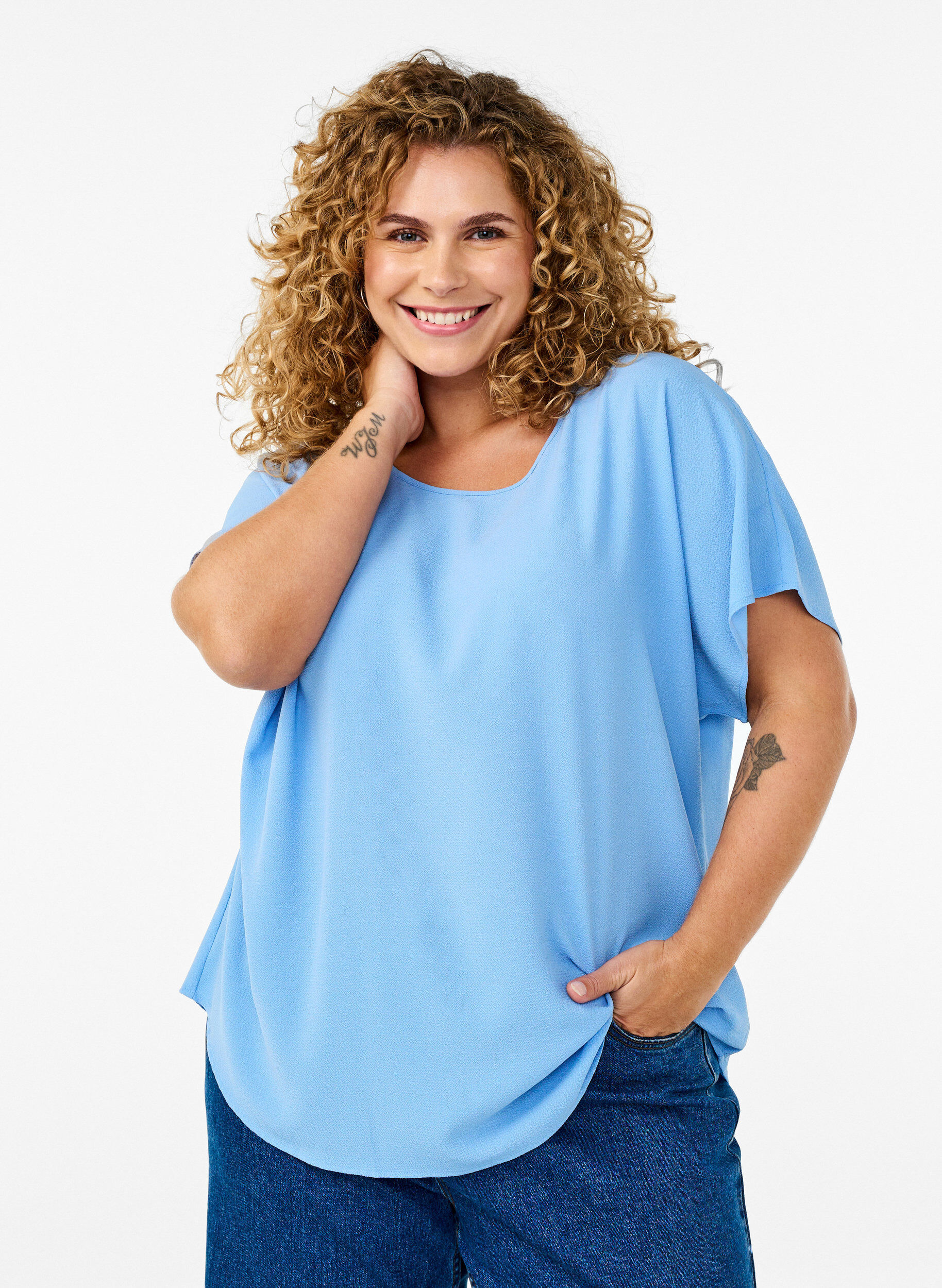 ZizziBlouse met korte mouwen en een ronde halslijn, Blauw, Model image number 0