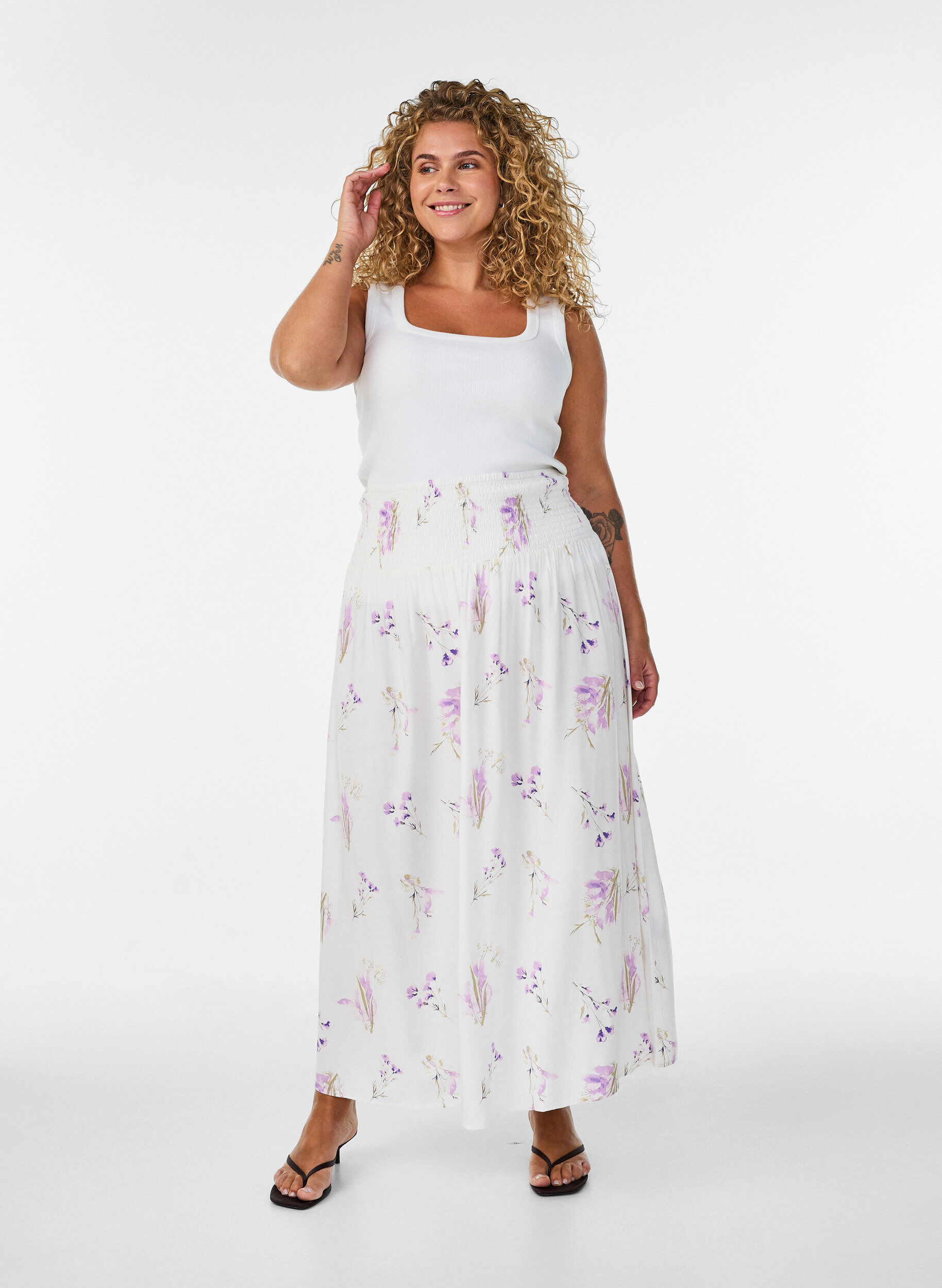 ZizziViscose maxi-rok met smock, Wit, Model image number 1