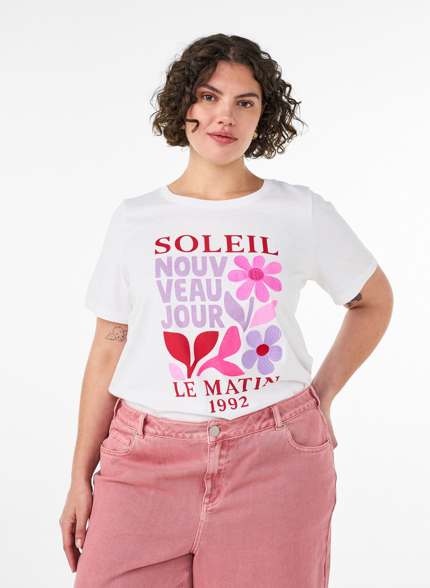 ZizziKatoenen T-shirt met print, Wit, Model image number 0