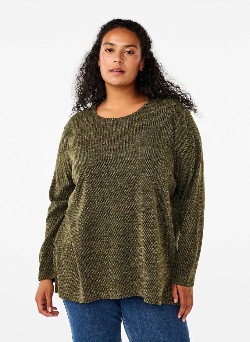 Melange Blouse met een rond halsje en lange mouw, Winter Moss, Model image number 0