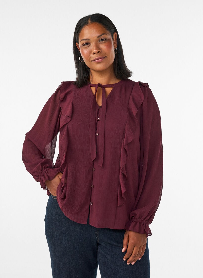Transparante blouse met ruches en striksluiting, Rood, Model image number 0