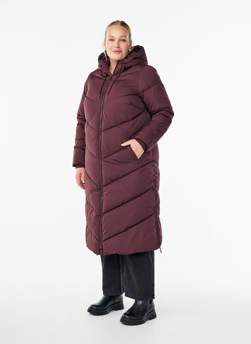 Lange pufferjas met capuchon en zakken, Donker Bordeaux, Model image number 0