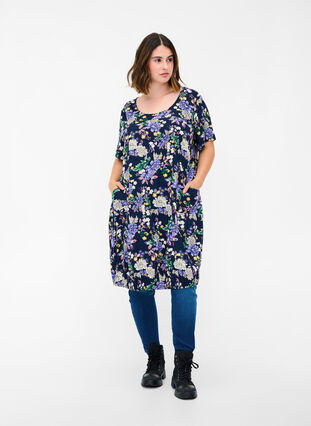 Viscose jurk met print en korte mouwen , Blue Flower AOP, Model image number 2