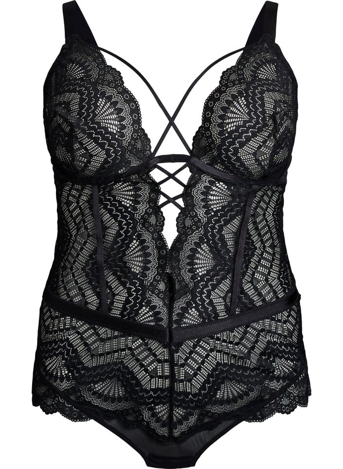 Kantbody met vetersluitingdetails, Zwart, Packshot image number 0
