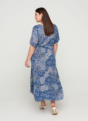 Midi-jurk met korte mouwen in viscose, Asian Blue Print, Model image number 1