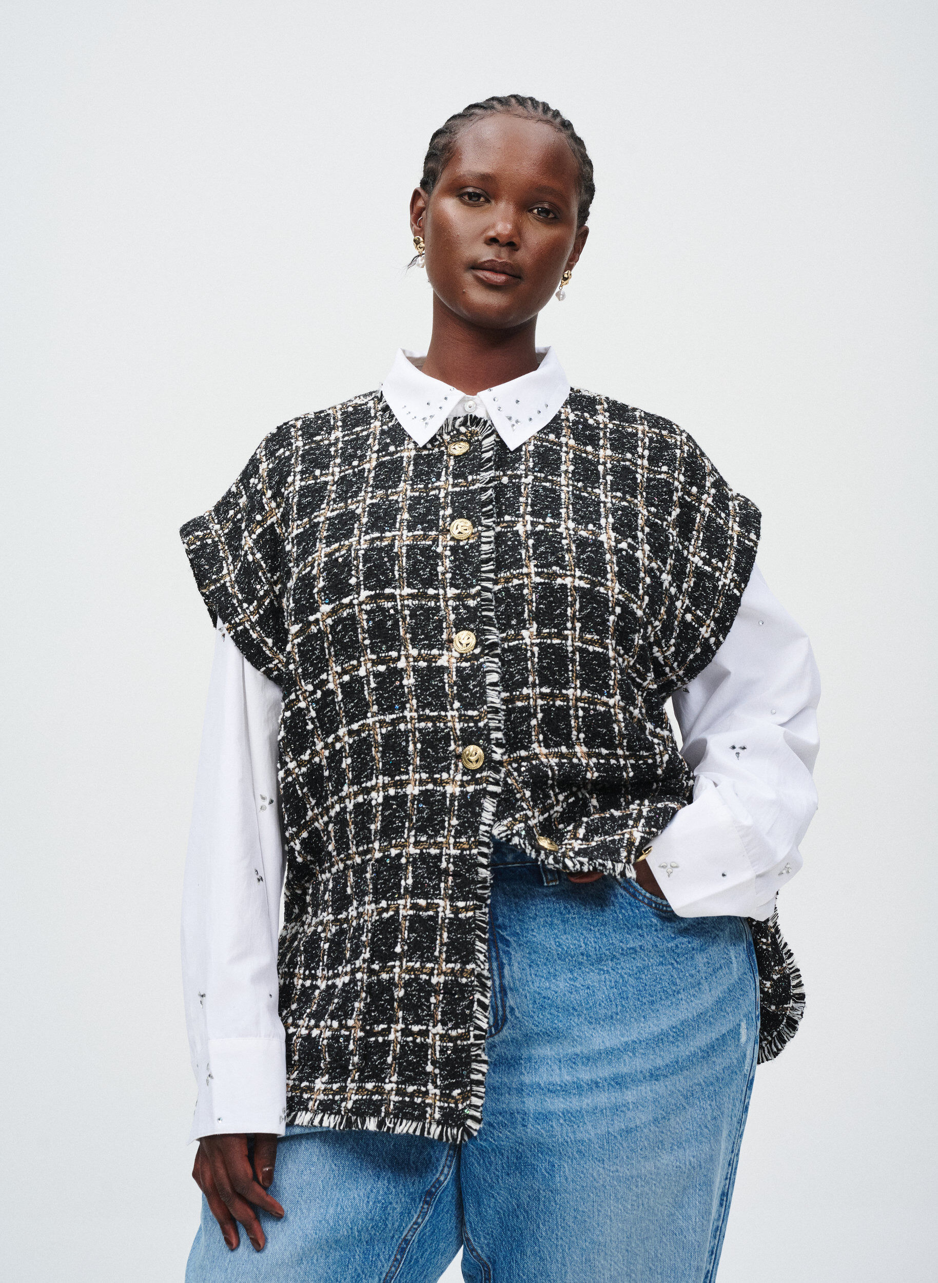 ZizziGeruite gilet met decoratieve knopen, Zwart, Image image number 0