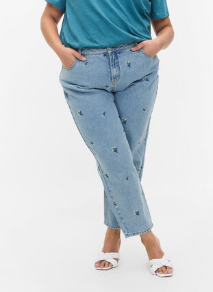 Jean Mille mom fit avec broderie, Blue w. Small Flower, Model image number 2