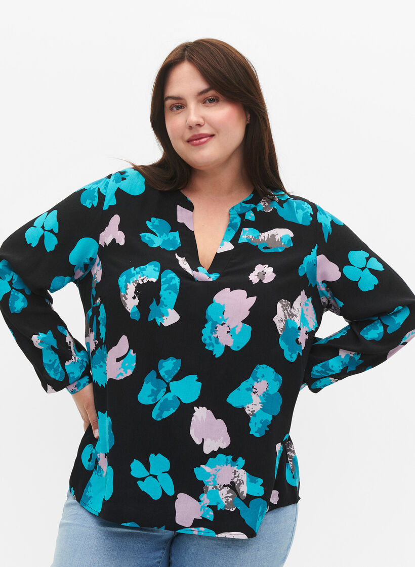 Viscose blouse met print en lange mouw, Blue AOP, Model image number 2