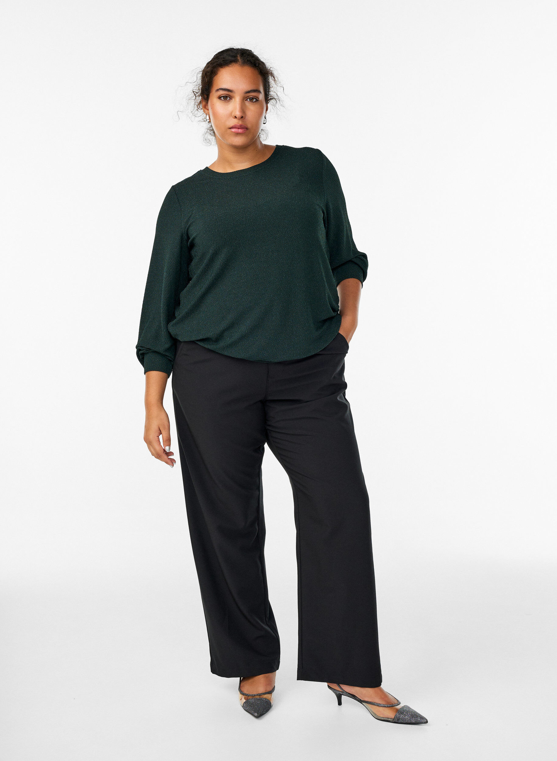 ZizziBlouse met visgraatpatroon en glinsterend garen, Groen, Model image number 1