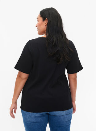 Geribd t-shirt met korte mouwen en knopen, Black, Model image number 1