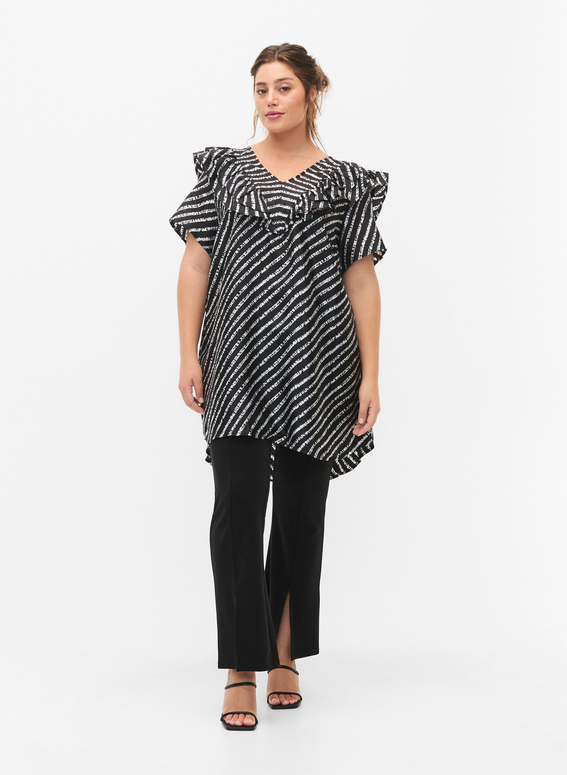 ZizziGestreepte tuniek met franjes, Black/White Stripes, Model image number 3