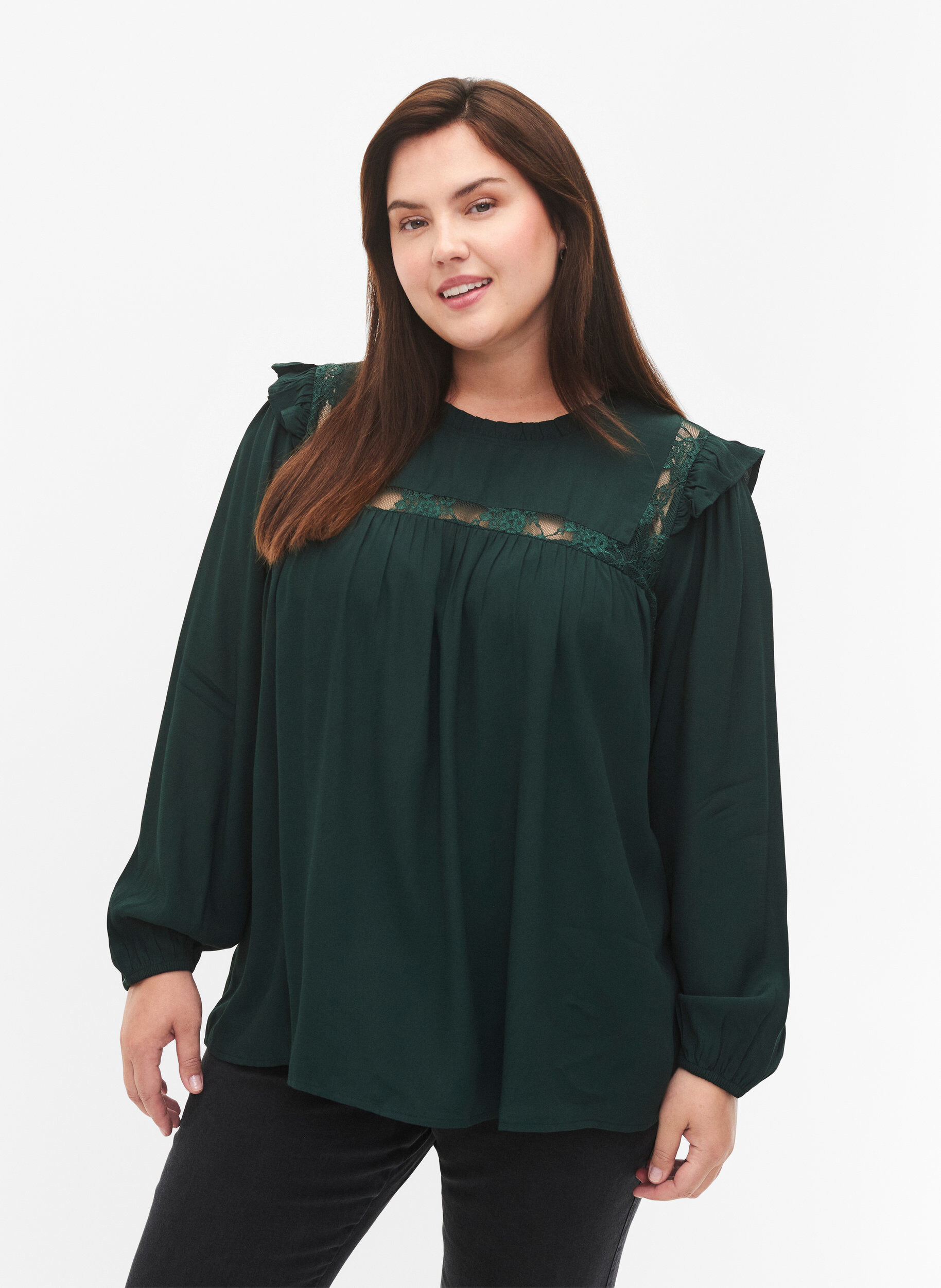 ZizziViscose blouse met ruches en kant, Scarab, Model image number 0