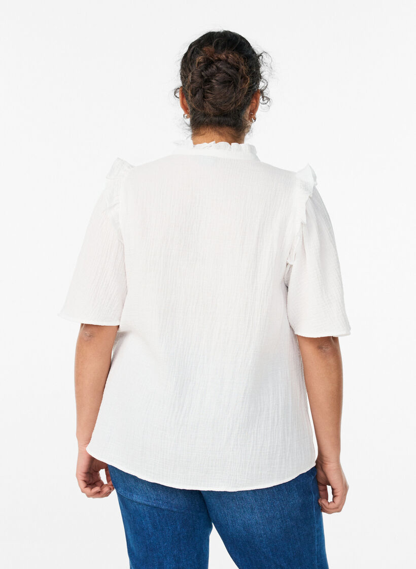 Blouse en mousseline de coton avec broderie anglaise et manches 1/2, Blanc, Model image number 2