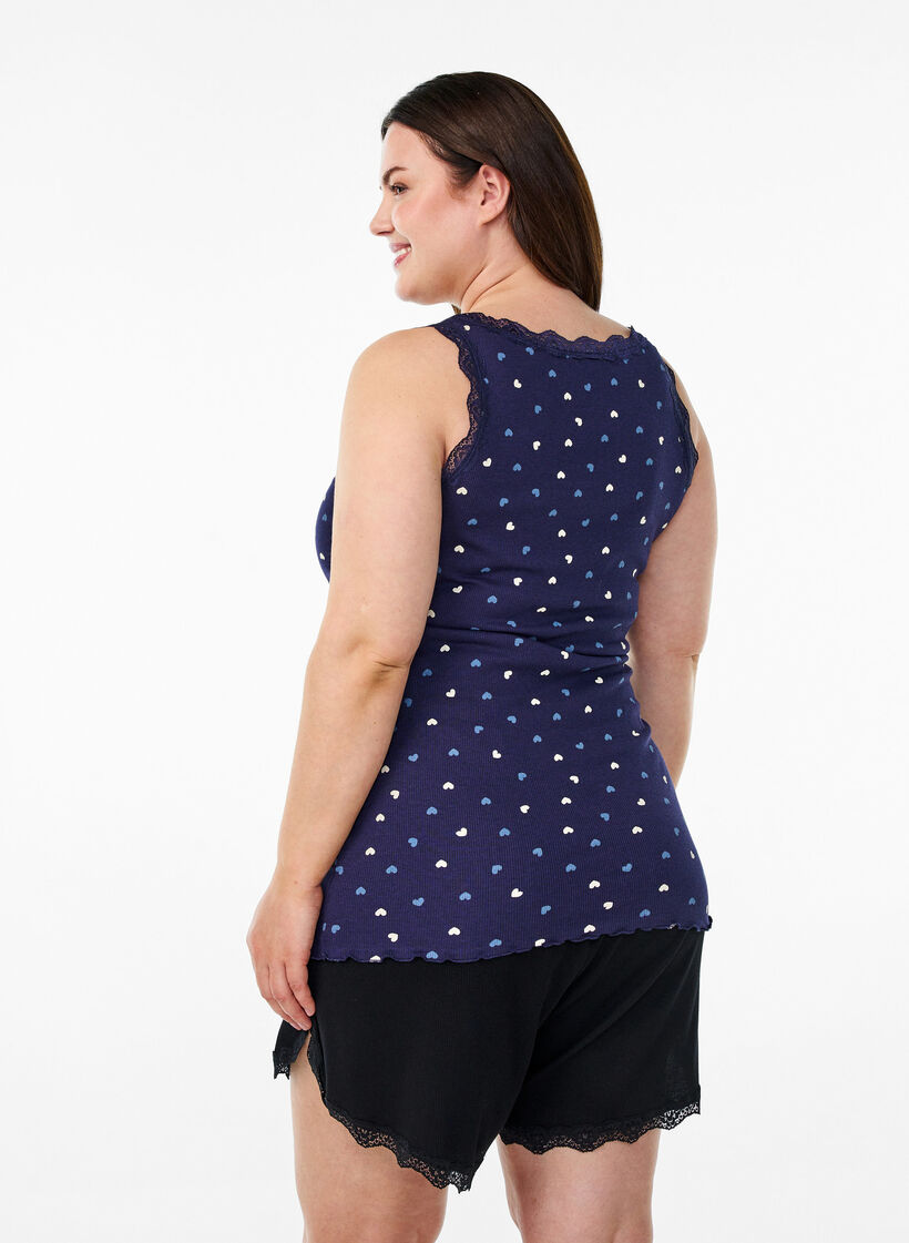 Top avec imprim&eacute; et bord en dentelle, Bleu, Model image number 2