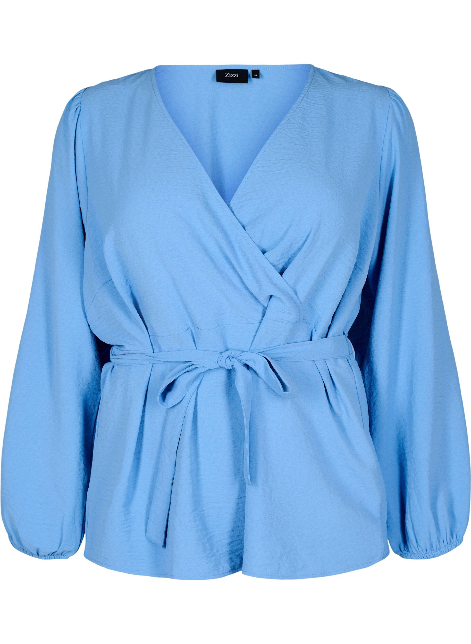 ZizziOmslagblouse met lange mouwen en striksluiting, Blauw, Packshot image number 0
