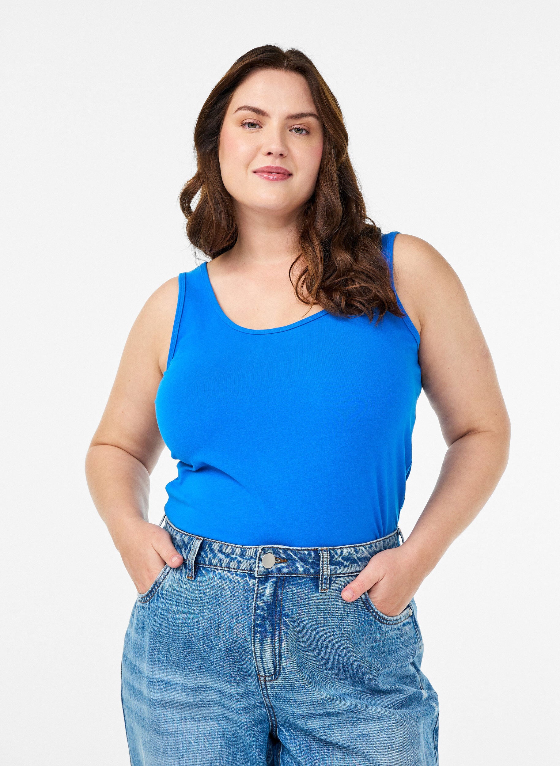 Solide kleur basis top in katoen, Blauw, Model
