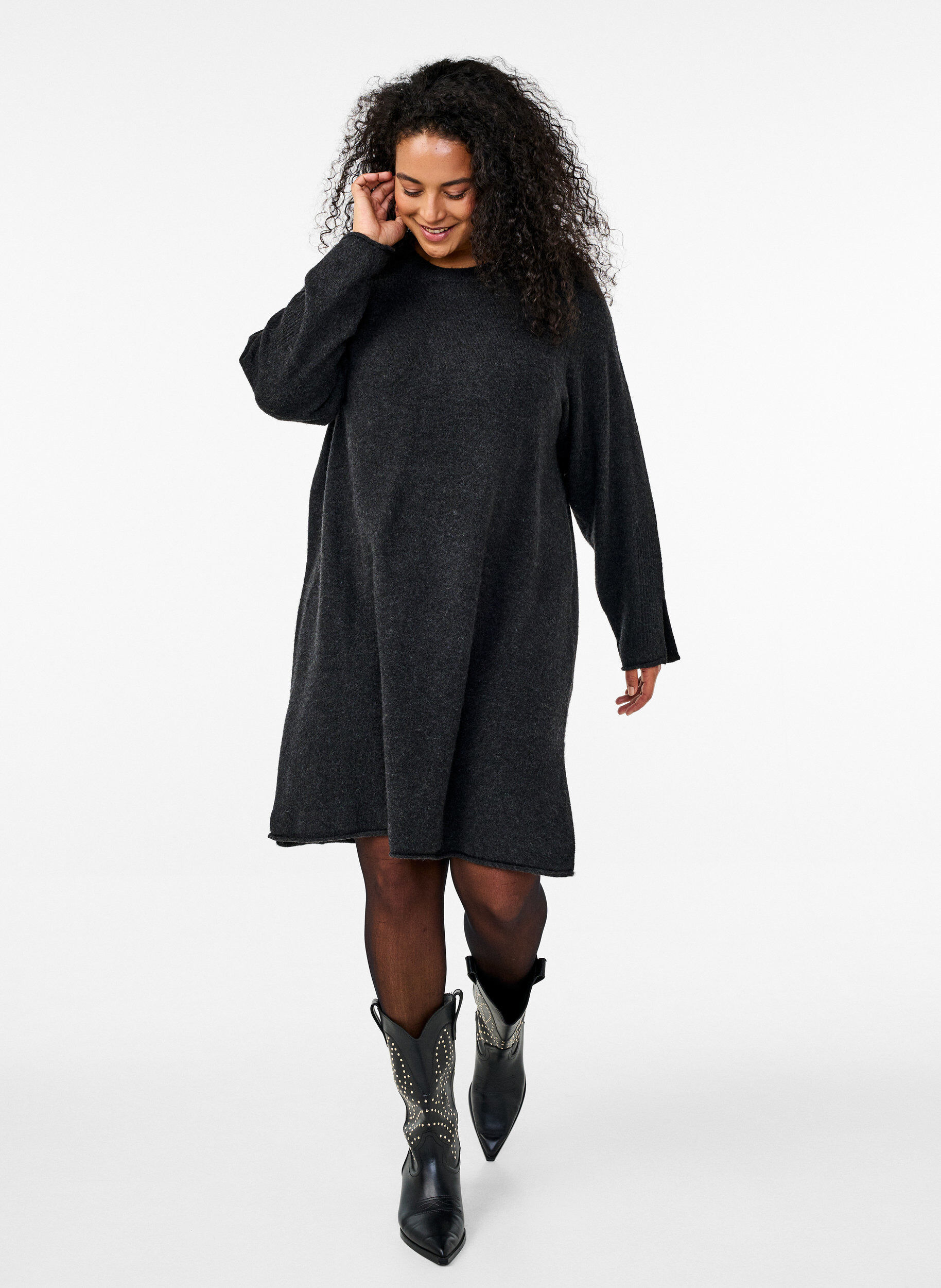 Zizzi Robe en tricot avec des fentes, Dark Grey Melange, Model image number 2