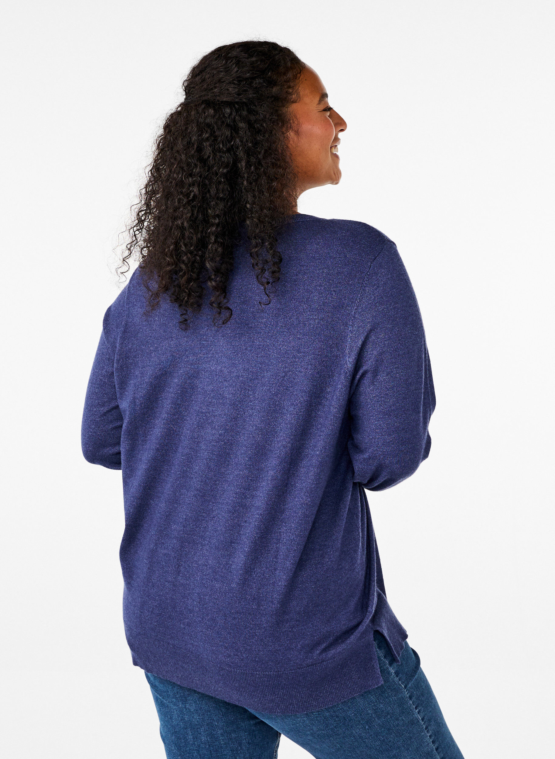 ZizziGebreide blouse met lange mouwen en een spleet, Blauw, Model image number 2