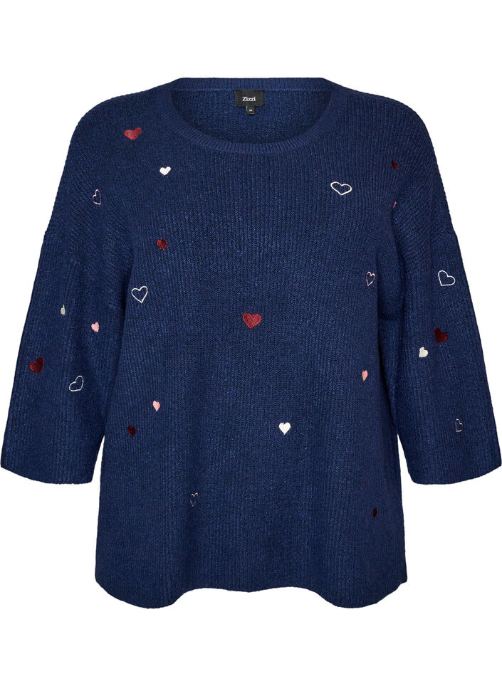Pull &agrave; c&oelig;urs et manches 3/4, Bleu, Packshot image number 0