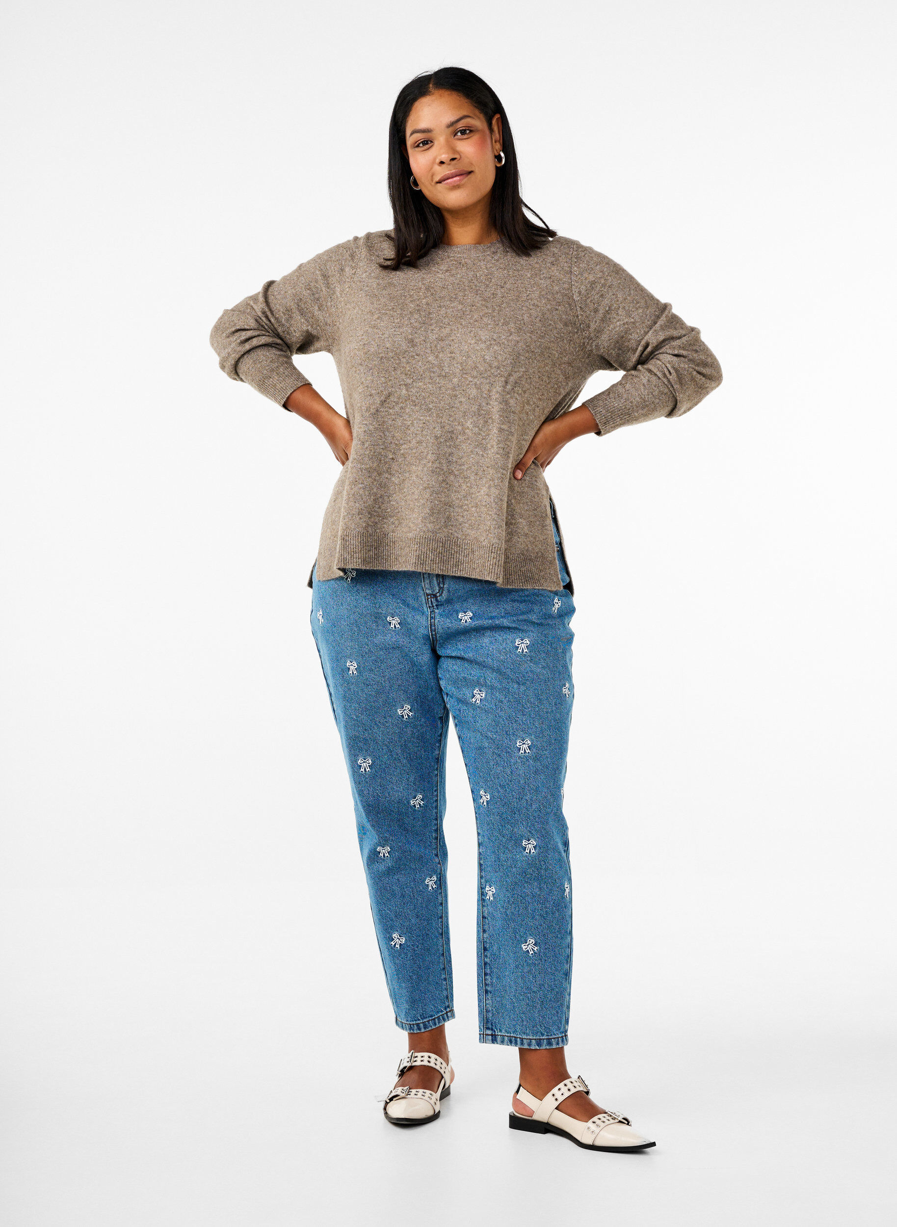 Zizzi Top en maille avec de la laine et des fentes, Walnut Mel., Model image number 2