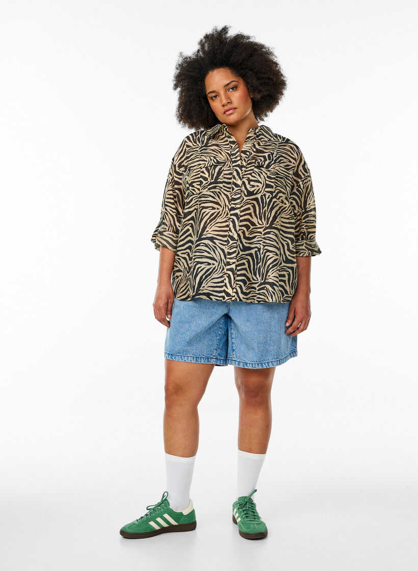 Los shirt met dierenprint en borstzakken, Zwart, Model image number 1