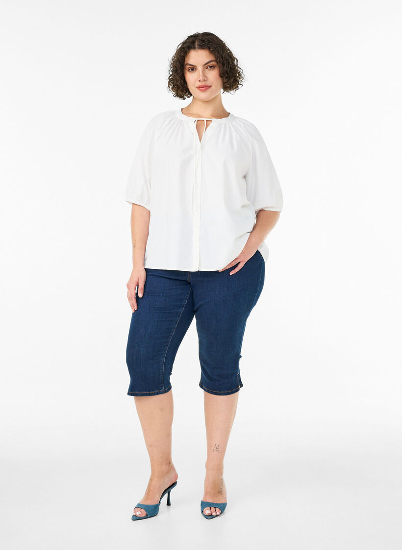 Overhemdblouse met knoopsluiting en strikceintuur, Wit, Model image number 1