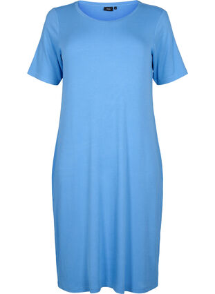 Halflange jurk met korte mouwen van viscose ribstof, Marina, Packshot image number 0
