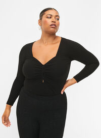 Geribbelde blouse met gaatjesdetail, Black, Model