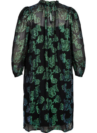 Gebloemde viscose jurk met lurex structuur, Black w. Green Lurex, Packshot image number 1