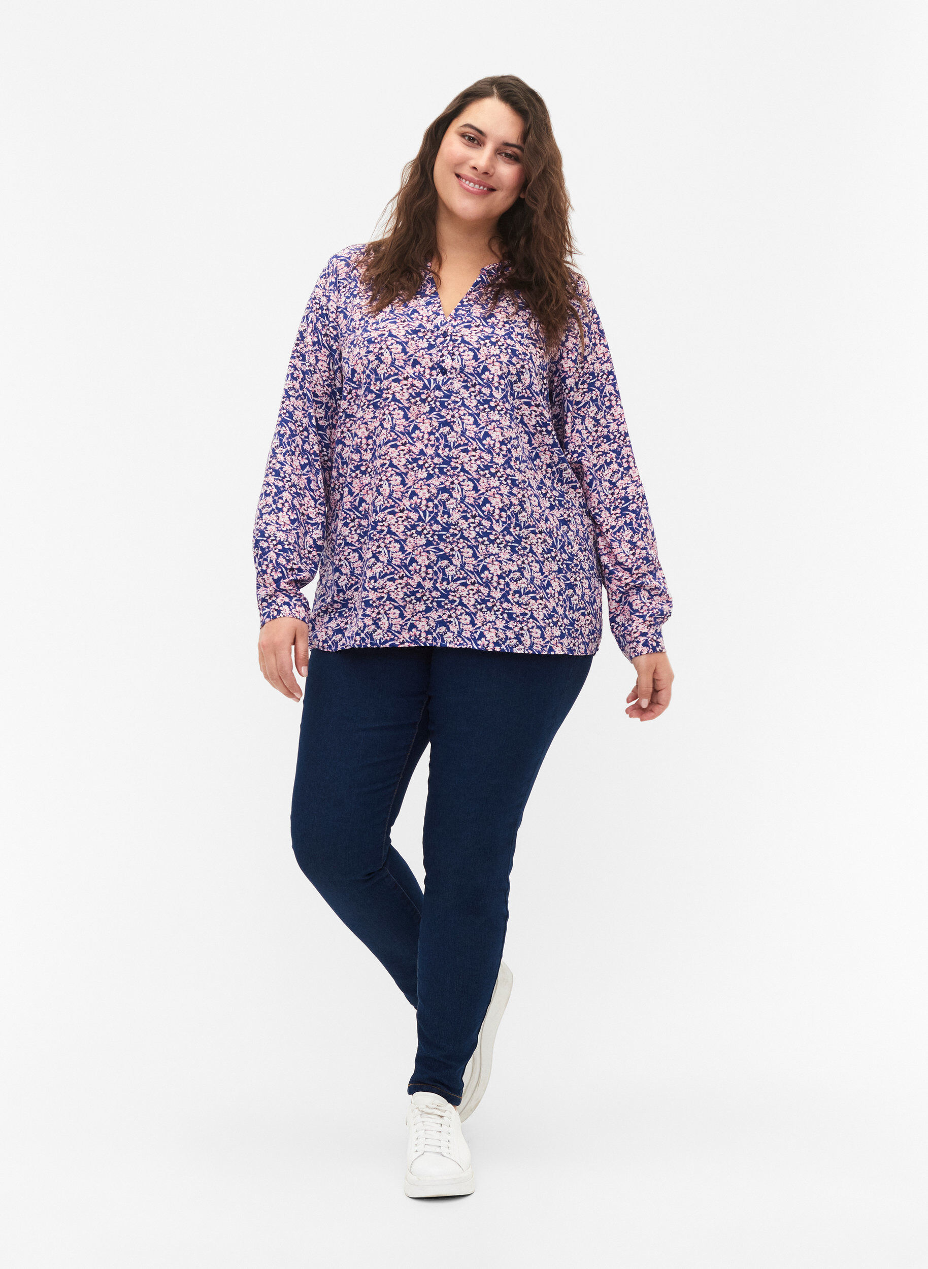 ZizziFLASH - Blouse met lange mouwen en print, Strong Blue Flower, Model image number 2