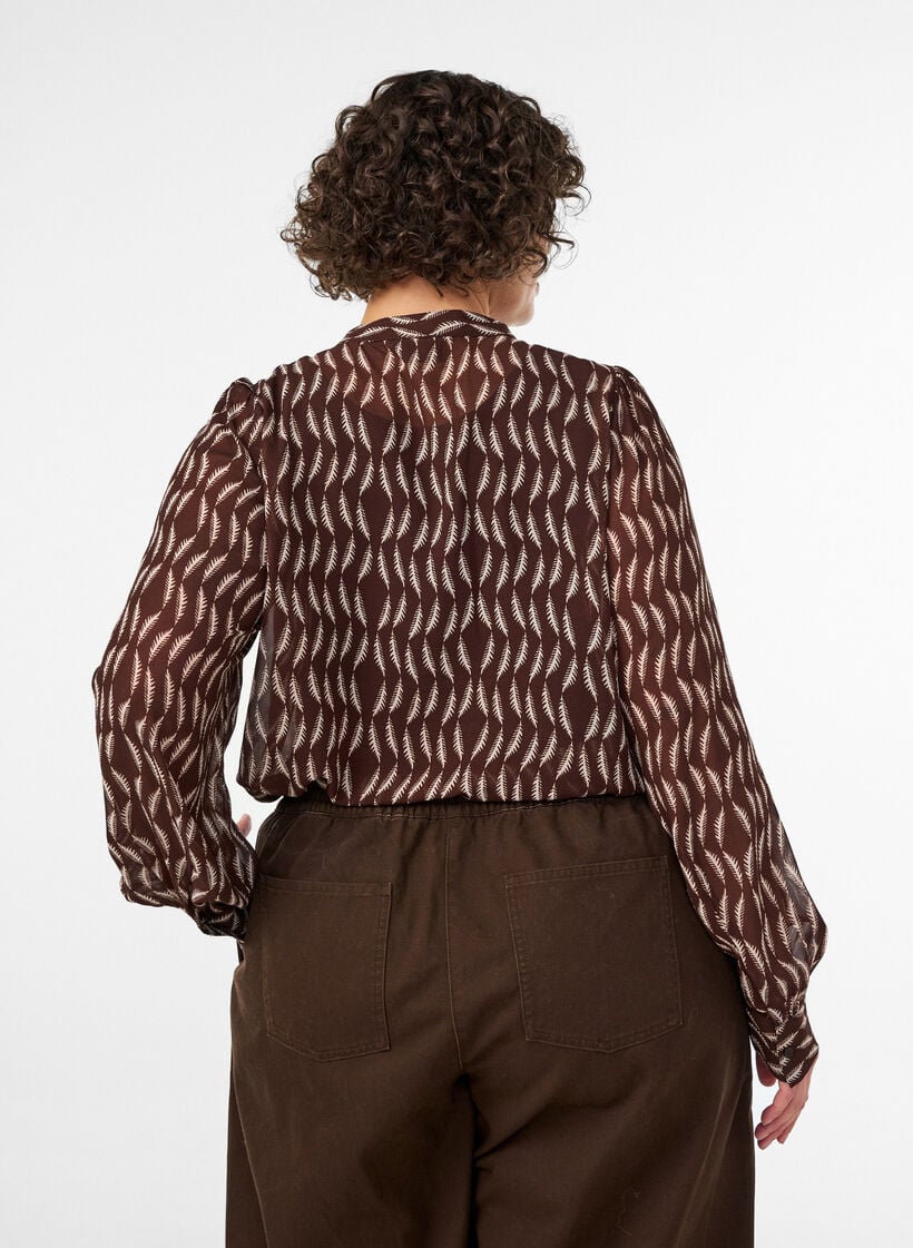 Blouse met all-overprint en korte knoopsluiting, Bruin, Model image number 2