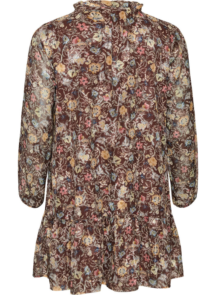 Chiffon jurk met bloemenprint en rucheslagen, Bruin, Packshot image number 1