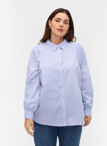 Chemise en coton à rayures, White/Blue stripe, Model image number 0