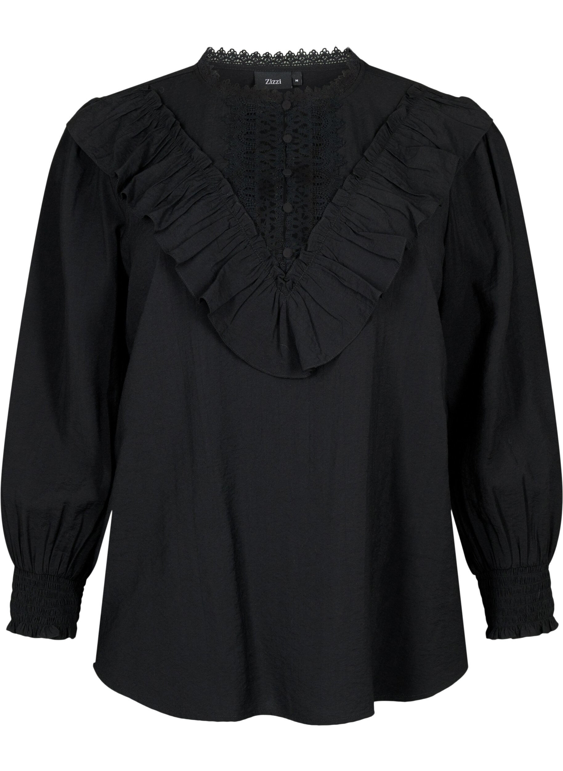 Zizzi Blouse en viscose avec volants et d&eacute;tails brod&eacute;s, Black, Packshot image number 0