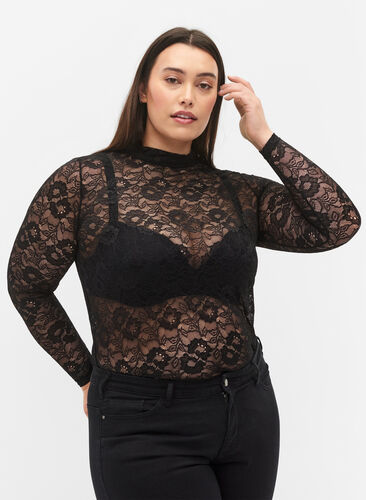 Kanten blouse met lange mouwen, Black Lace, Model image number 0