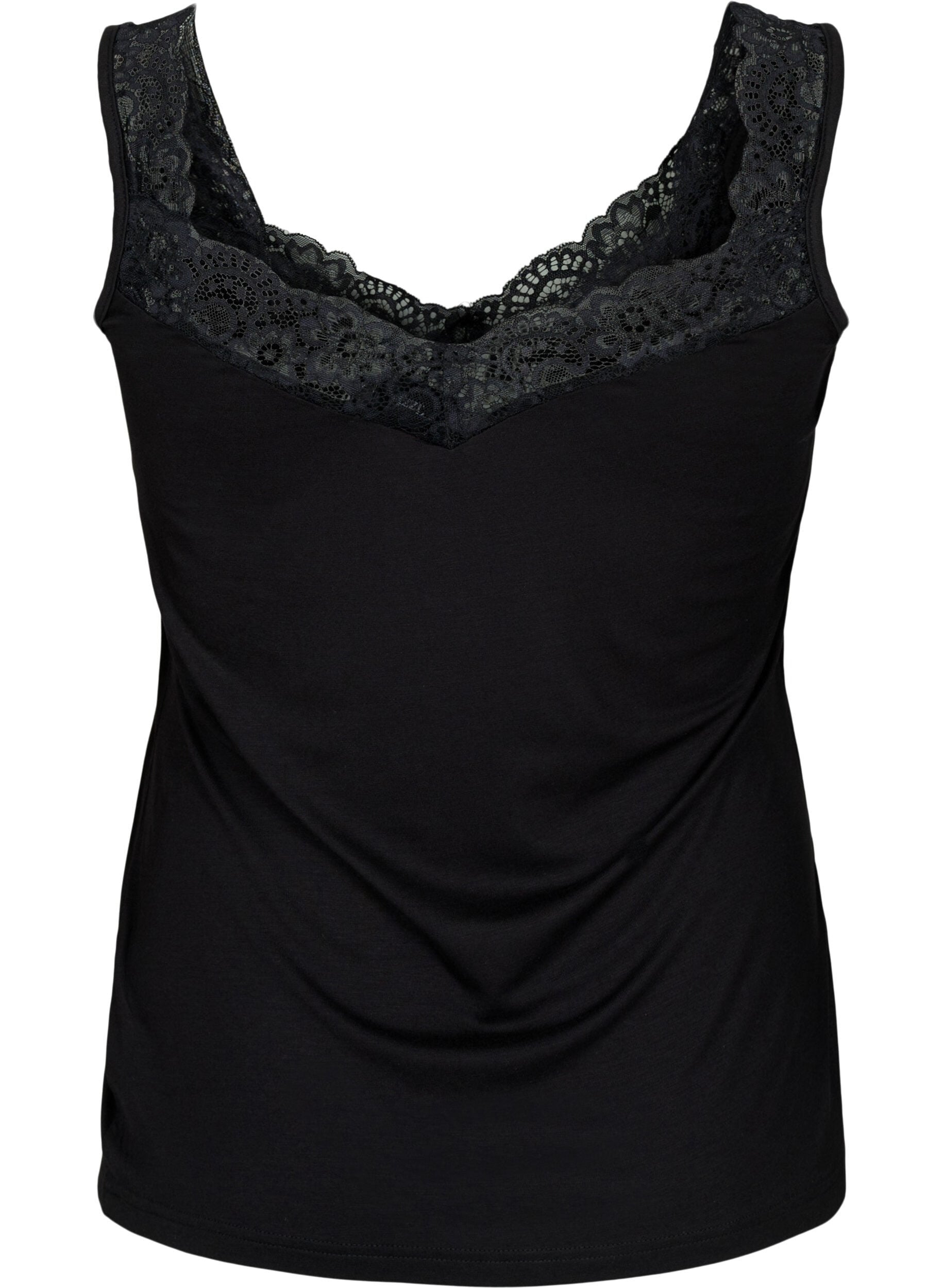ZizziViscose top met kanten rand, Zwart, Packshot image number 1