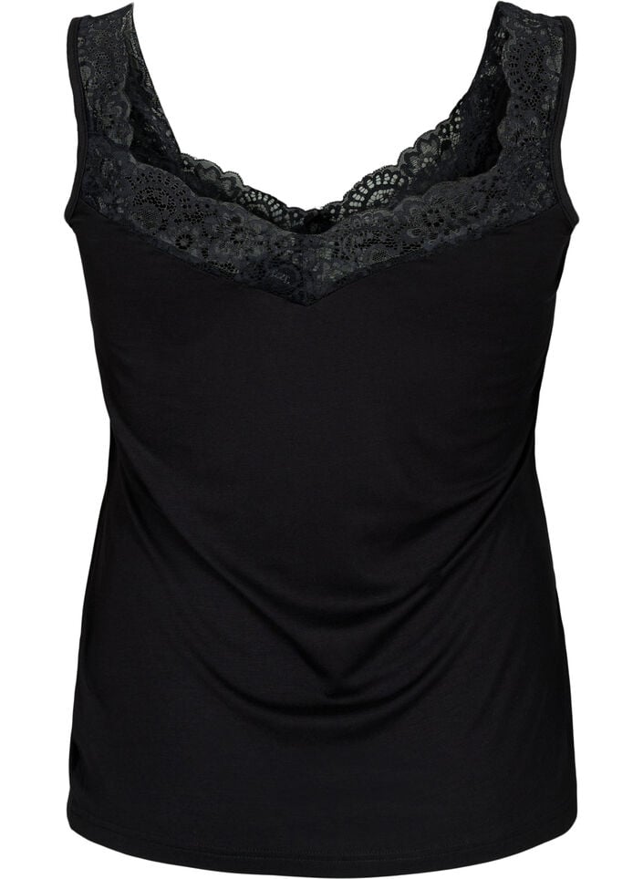 Viscose top met kanten rand, Zwart, Packshot image number 1