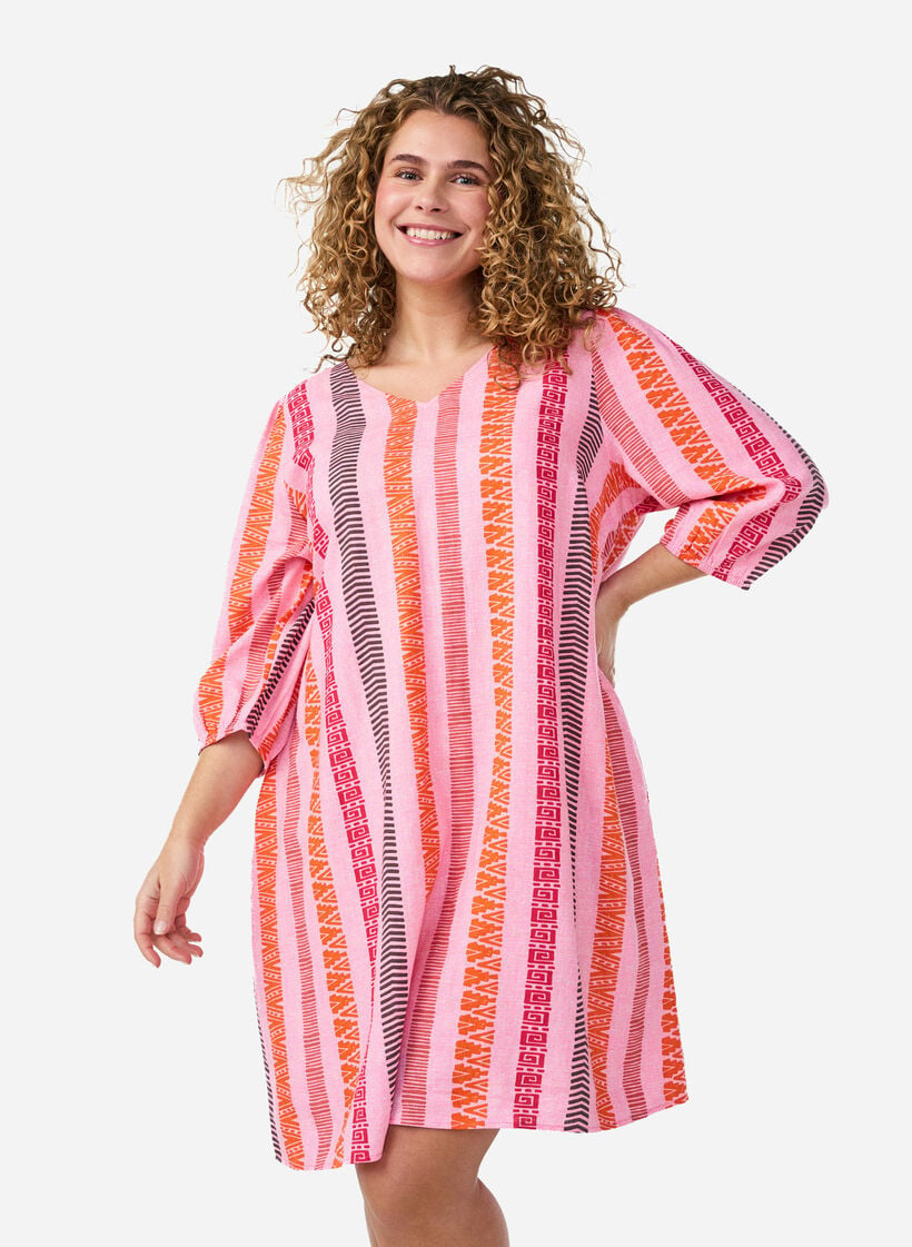 Robes courtes en lin et viscose &agrave; manches 3/4, Rose, Model image number 0