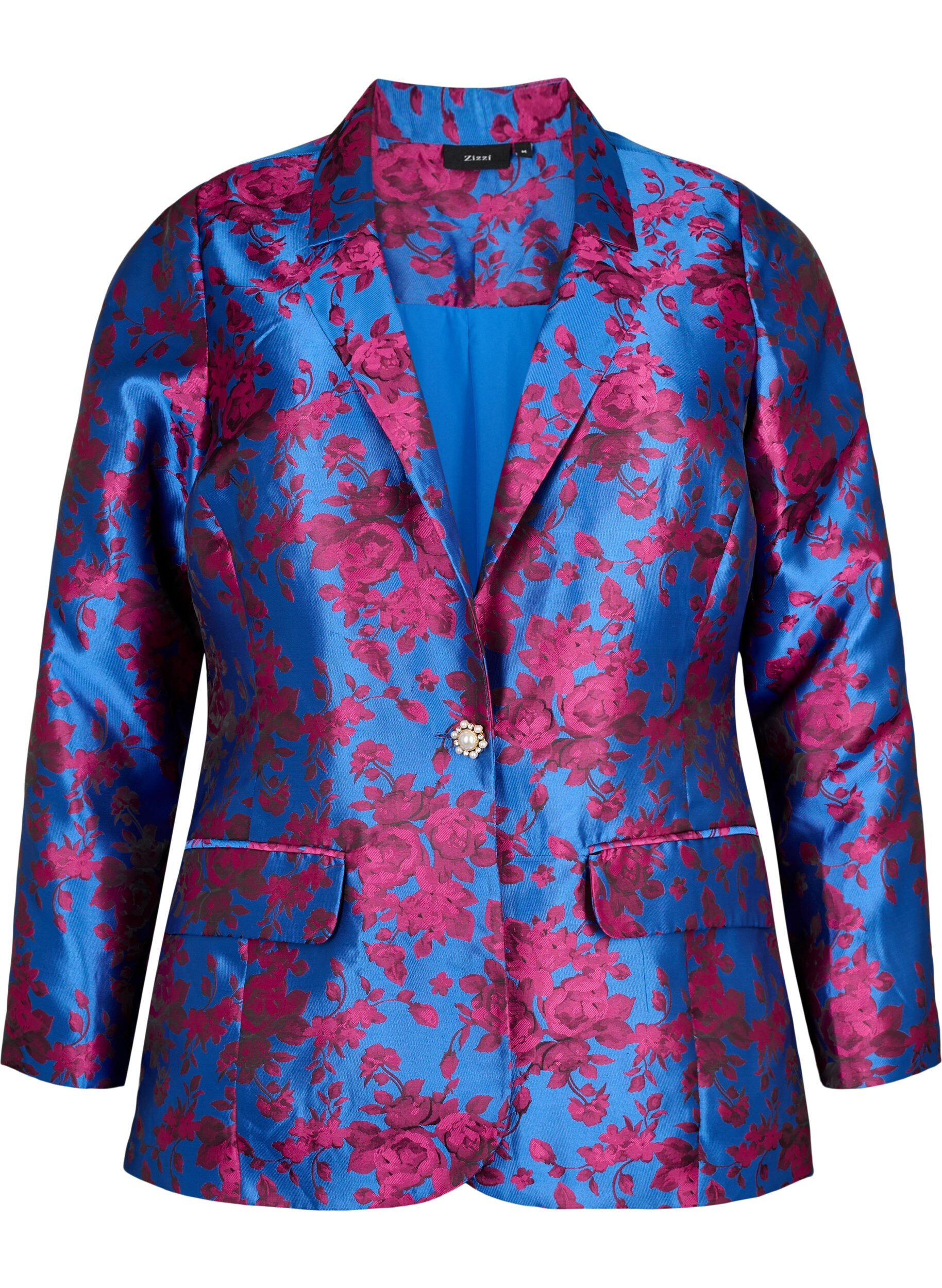 Zizzi Blazer &agrave; motif floral avec bouton en perle, Blue Quartz Jaquard, Packshot image number 0